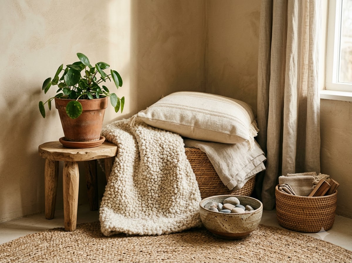 Open boho shelves displaying books, handmade ceramics, woven baskets, a plant, framed textile art, and a mirror.