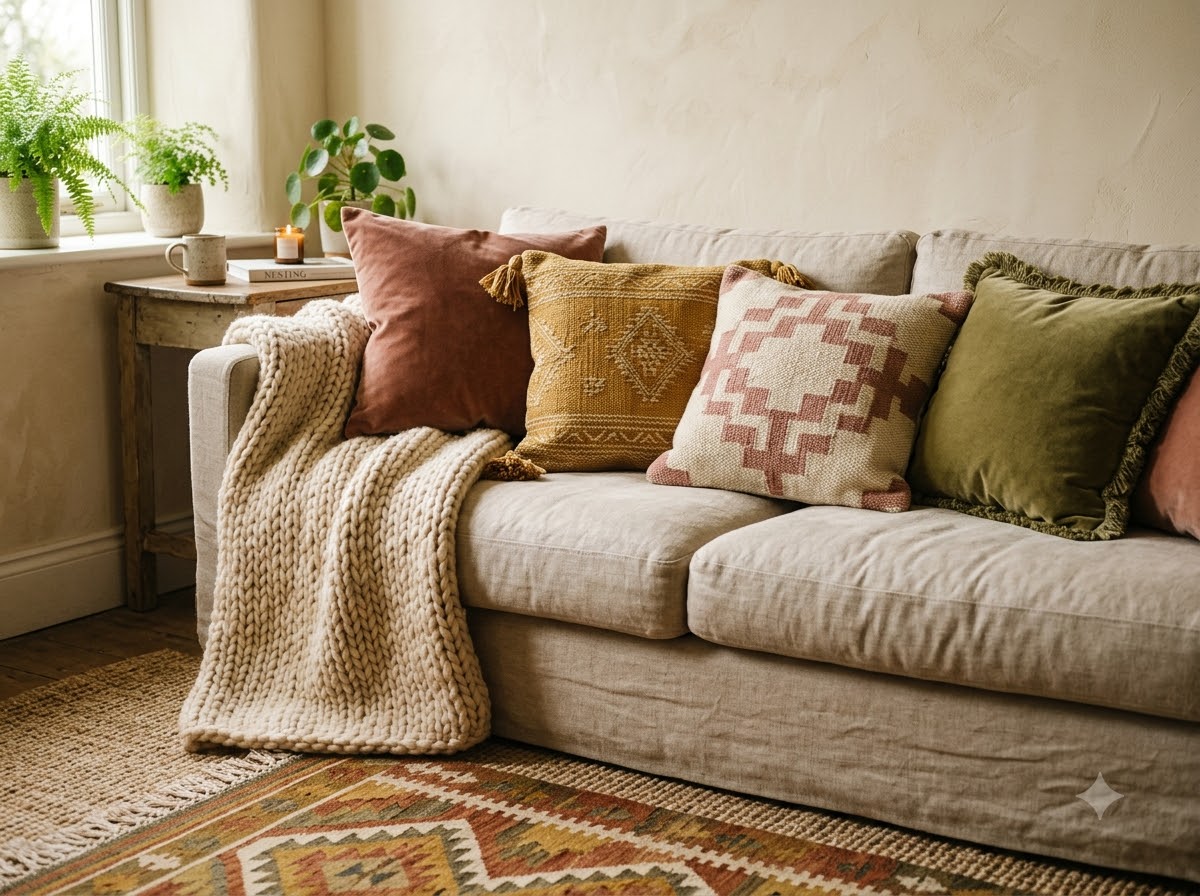 Small boho room with narrow furniture, woven pouf, large rug, rattan mirror, baskets and ceramic accessories