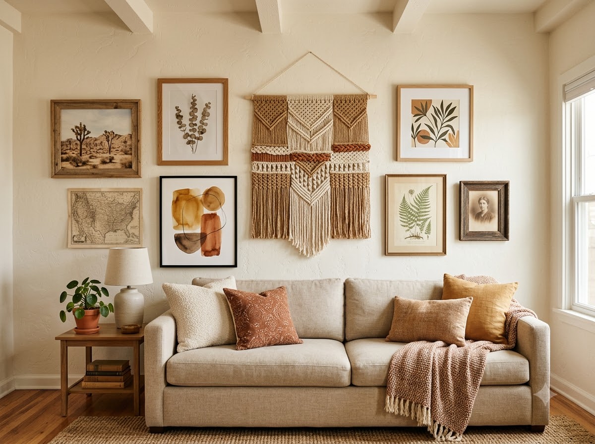 Bohemian room mixing a geometric rug, floral cushions, striped textiles and coordinated earthy colors