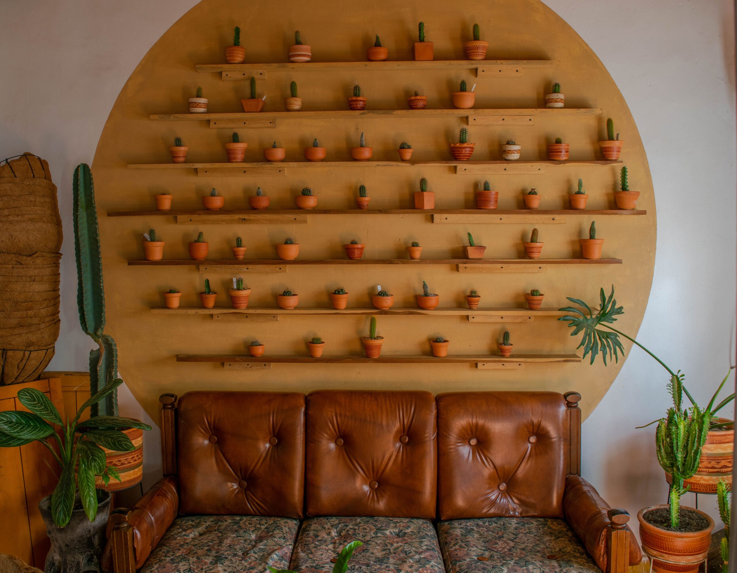 A wooden console styled with a ceramic vase, leafy branches, lamp, stacked books, framed artwork, and decorative bowl.
