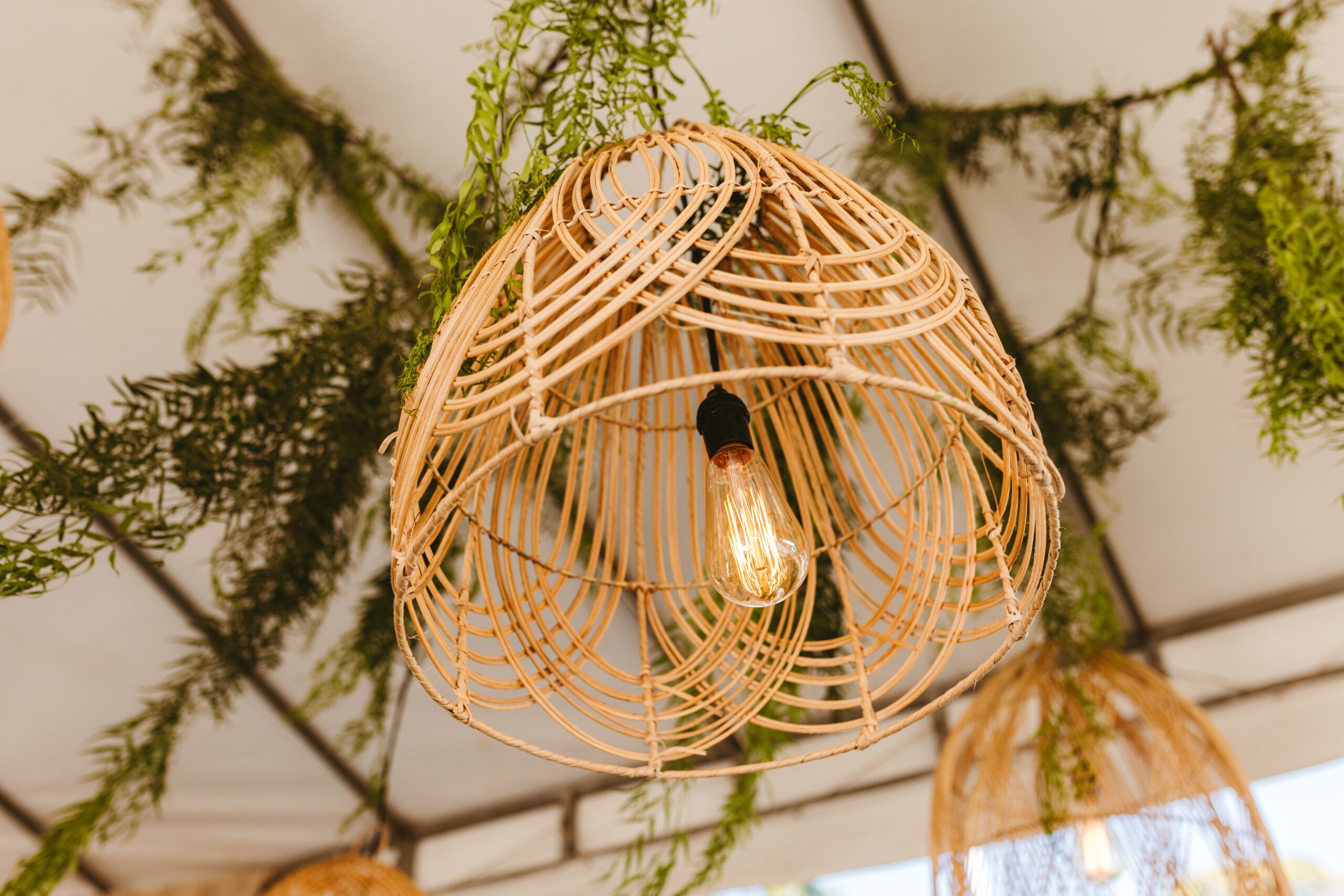 Boho corner with layered plants, terracotta pots, woven baskets, an arched mirror, and wall art.